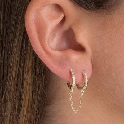 Unique Double Ear Lobe  Chain Hoop Ring Earring Gold Ear Piercing Ideas - www.MyBodiArt.com