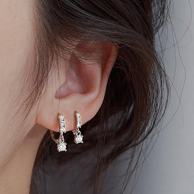 Cute Double Crystal Drop Silver Huggie Hoop Earrings - www.MyBodiArt.com