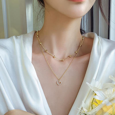 Beautiful Cute Crystal Heart Double Chain Choker Necklace Statement Fashion Jewelry - www.MyBodiArt.com