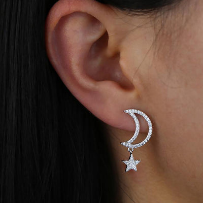 Beautiful Crystal Pave Moon Star Dangle Earrings Studs Fashion Jewelry for Women - www.MyBodiArt.com