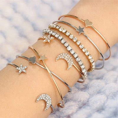 Cute Stacked Simple Crystal Star Moon Bangle Bracelet Summer 4 Pieces Set Brazalete -  www.MyBodiArt.com
