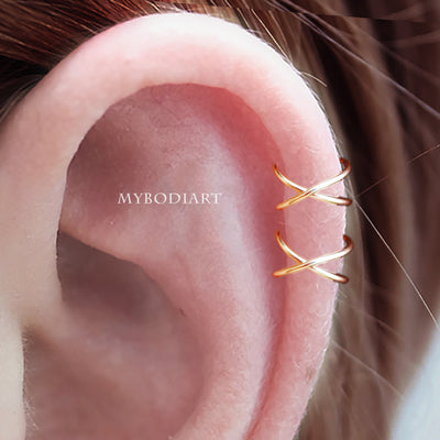 Simple Minimalist Criss Cross Ear Cuff Cartilage Helix Ear Piercing Earring Fashion Jewelry for Women for Teen Girls - www.MyBodiArt.com