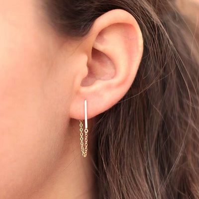 Subtle Chic Ear Piercing Ideas for Women - Chain and Minimal Bar Ear Jacket Drop Earring - www.MyBodiArt.com #earrings