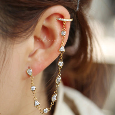 Cute Cartilage Ear Piercing Ideas for Women - Gold Silver Crystal Helix Ear Cuff Chain Earring Jewelry for Teen Girls -  linda oreja cuff cadena pendiente joyería - www.MyBodiArt.com