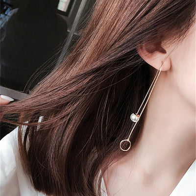 Cute Pearl Dangle Drop Threader Earrings - Beautiful Classy Elegant Statement Jewelry for Teenagers or Women in Silver  - Patterns Avaliable: Star, Crown, Rhinestone, Circle - www.MyBodiArt.com #earrings 