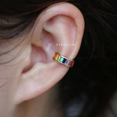 Cute Ear Cuff Earring Rainbow Gemstone Crystal Fake  Earcuff Conch Cartilage Piercing Fashion Jewelry in Gold - lindo pendiente de arcoiris en oro - www.MyBodiArt.com 