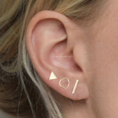 Minimalist Cute Ear Piercing Ideas for Women - Wired Metal Triangle Circle T-Bar Earring Studs Set Fashion Jewelry - lindas y minimalistas ideas para perforar orejas - www.MyBodiArt.com