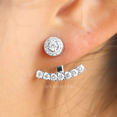Fancy Classy Ear Piercing Ideas for Women - Halo Crystal Ear Jacket Earring Circle Stud and Bar in Silver - www.MyBodiArt.com