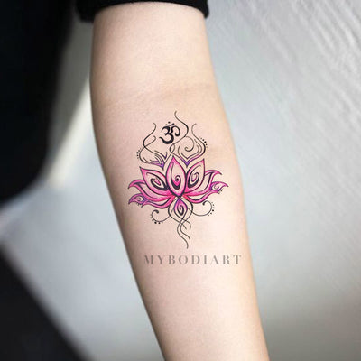 Tribal Pink Watercolor Lotus Forearm Tattoo Ideas for Women Bohemian Boho Chic Floral Flower Tattoos - ideas de acuarela acuarela lirio lirio tatuaje para las mujeres - www.MyBodiArt.com