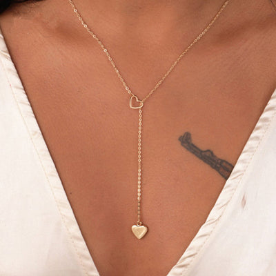 Modern Double Heart Lariat Drop Necklace in Gold Fashion Statement Style Instagram Tumblr Jewelry - collar de corazón minimalista - www.MyBodiArt.com 