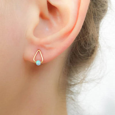 Minimal Simple Opal Earrings Studs - Wired Triangle Stamped Metal Ear Piercings -  pendientes triángulo ópalo - www.MyBodiArt.com