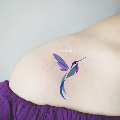 Small Watercolor Hummingbird Shoulder Tattoo Ideas for Women - Beautiful Colorful Color Block Bird Arm Tat - acuarela colibrí colorido hombro ideas del tatuaje para las mujeres - www.MyBodiArt.com #tattoos  