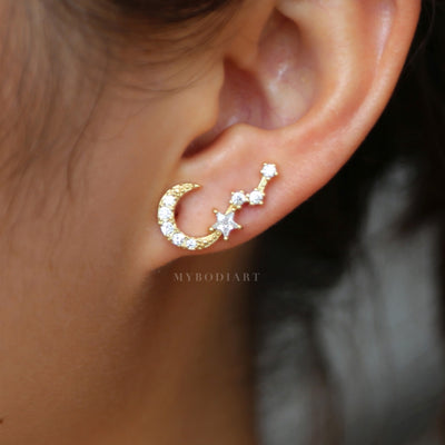 Cute Crystal Star Moon Ear Climber Earrings for Women - www.MyBodiArt.com