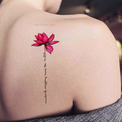 Cute Watercolor Pink Lily Lotus Script Quote Shoulder Tattoo Ideas for Women - Back Floral Flower Tattoos - ideas de tatuajes de acuarela lotus script para las mujeres - www.MyBodiArt.com