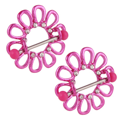Neon Pink Daisy Flower Nipple Rings in 14G - www.MyBodiArt.com