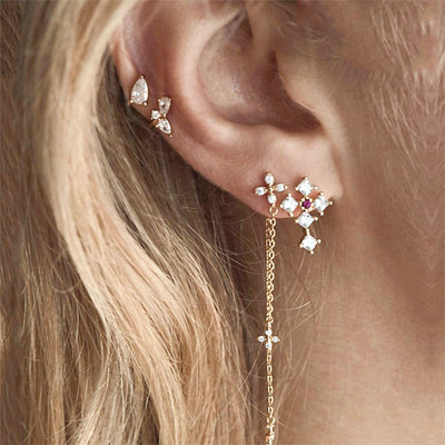 Cute Multiple Ear Piercing Ideas - Crystal Cross Clover Cartilage Tragus Triple Forward Helix Jewelry in Gold  - lindas orejas piercing ideas para las mujeres - www.MyBodiArt.com 