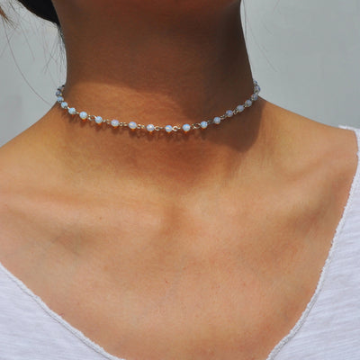 Cute Dainty Opal Bead Choker Necklace Jewelry - lindo gargantilla de cuentas de ópalo delicada - www.MyBodiArt.com #necklace