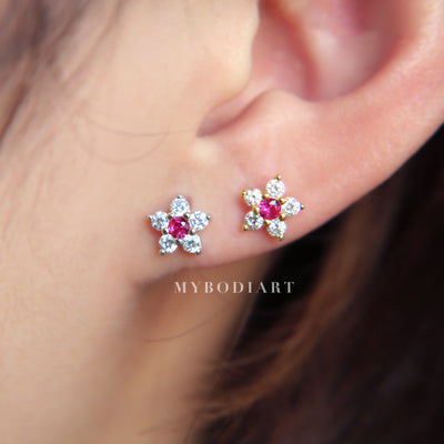Cute Simple Multiple Ear Piercing Ideas for Teens - Small Dainty Pink Crystal Flower Cartilage Helix Lobe Conch Earring Studs - lindos pendientes de piercings de oreja de cartílago de flor de cristal delicada - www.MyBodiArt.com #earrings 
