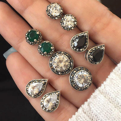 Pretty Victorian Gemstone Studs Earrings - Cute Traditional Vintage Antique Old Fashioned Classy Crystal Emerald Black Earring Set - www.MyBodiArt.com #earrings