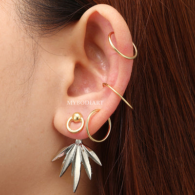 Boho Multiple Ear Piercing Ideas for Women - Ethnic Gold Cartilage Conch Helix Ring Hoop - Tribal Leaf Ear Jacket Earring Fashion Jewelry - www.MyBodiArt.com #earrings