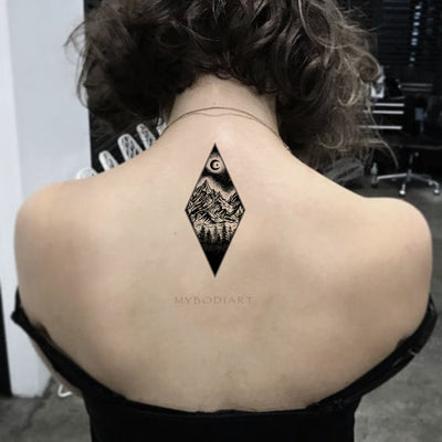 Cool Black Nature Back Tattoo Ideas for Women Diamond Mountain Tree Moon Tat  - Ideas de tatuajes para las mujeres  www.MyBodiArt.com 