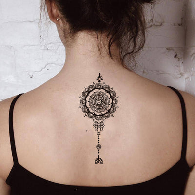 Tribal Black Henna Mandala Back Spine Tattoo Ideas for Women - Boho Lotus Spine Tat -mandala tribal volver ideas del tatuaje - www.MyBodiArt.com #tattoos