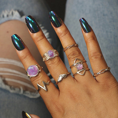 Cute Pink Opal Boho Ring Set for Teens Gemstone Modern Midi Knuckle Stackable Gypsy Fashion Rings in Gold - www.MyBodiArt.com #rings 