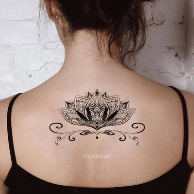 Tribal Black Henna Lotus Floral Back Temporary Tattoo Ideas for Women -  Ideas de tatuajes para mujeres - www.MyBodiArt.com