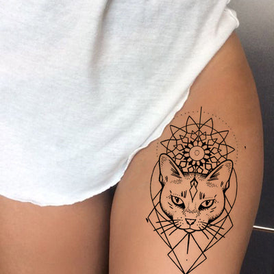Tribal Linework  Outline Egyptian Cat Thigh Tattoo Ideas for Women - Boho Ethnic Geometric Sacred Mandala Leg Tat - www.MyBodiArt.com #tattoos
