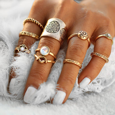 Boho Ring Set - Opal Cute Stackable Vintage Antiqued Multiple Midi Rings Fashion Jewelry in Gold or Silver -conjunto de anillos de oro bohemio - www.MyBodiArt.com 