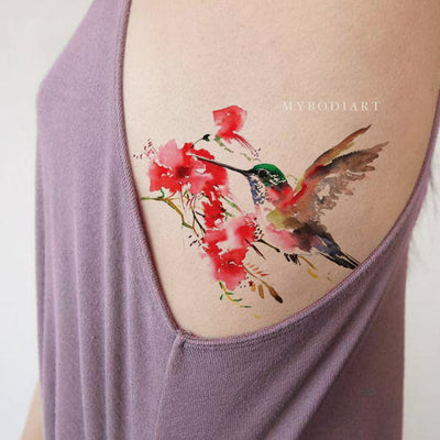 Beautiful Watercolor Hummingbird Rib Temporary Tattoo Ideas for Women -  Acuarela pájaro costilla tatuaje ideas para mujeres - www.MyBodiArt.com