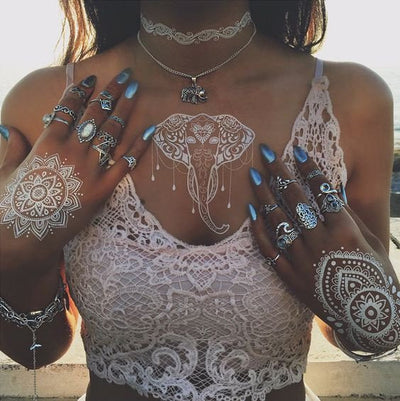 Womens Rosie Ganesha Elephant Choker White or Black Henna Tribal Temporary Tattoo - Boho Bohemian Vintage Statement Ring Set - Lace White Crop Top - Trending Nails Blue Metallic 2017 -  MyBodiArt.com