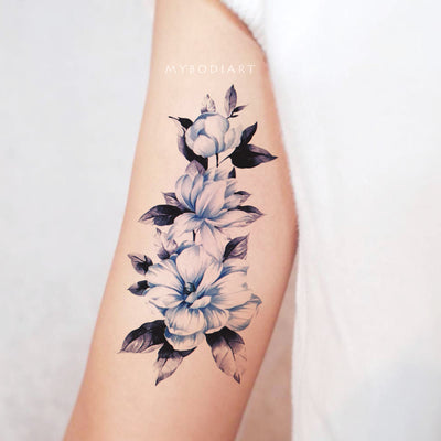 Cute Blue Watercolor Floral Flower Bicep Arm Temporary Tattoo Ideas for Women -  Hojas de tatuaje de brazo de flor azul acuarela - www.MyBodiArt.com