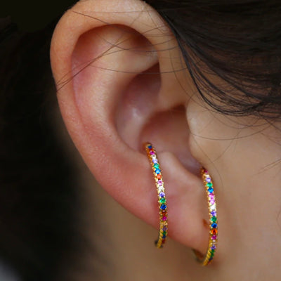 Simple Rainbow Crystal Pave Single Lobe Suspender Earrings Trending Ear Piercing Ideas for Females - www.MyBodiArt.com #piercings #earrings 