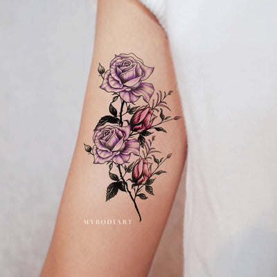 Beautiful Purple Watercolor Flower Arm Tattoo Ideas for Women - Floral Colorful Bicep Tat - ideas púrpura del tatuaje del brazo de la flor de la acuarela para las mujeres - www.MyBodiArt.com