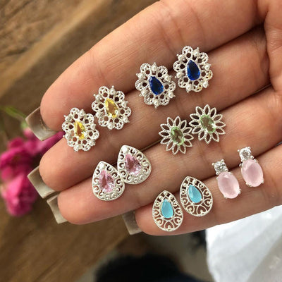 Pretty Victorian Gemstone Studs Earrings - Cute Traditional Vintage Antique Old Fashioned Classy Dangle Stone Rainbow Crystal Earring Set - www.MyBodiArt.com #earrings