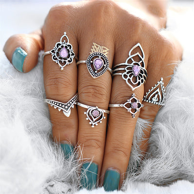 Unique Boho Rings Set Purple Crystal Tribal Vintage Antiqued Silver Stackable Gypsy Hippie Ring - anillo bohemio para mujer - www.MyBodiArt.com #rings