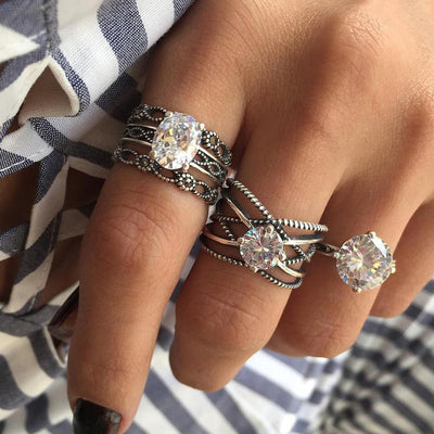 Beautiful Fashion Crystal Ring Jewelry for Women - Everyday Antique Vintage Stackable Large Crystal Band Ring Set 3 Pieces - hermoso anillo de cristal - www.MyBodiArt.com #rings