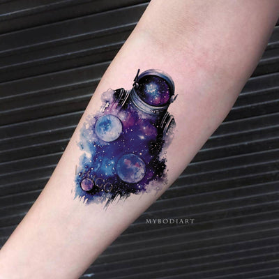 Cool Unique Watercolor Star Galaxy Space Astronaut Forearm Tattoo Ideas for Women -  Ideas de tatuajes de antebrazo galaxy para mujeres - www.MyBodiArt.com #tattoos