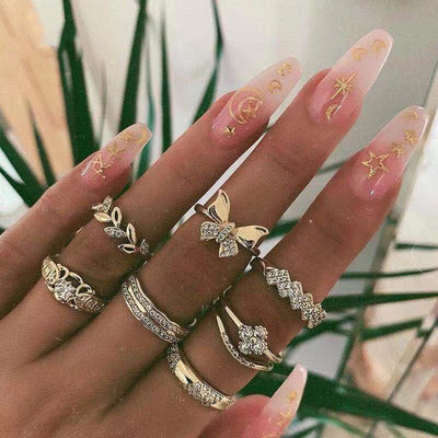 Cute Gold Stackable Midi Boho Opal Leaf Ring Set Fashion Jewelry for Teen Girls for Women - www.MyBodiArt.com #rings