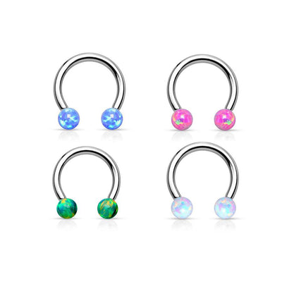 Opal Ball Horseshoe Barbell Ear Piercing Septum Jewelry Eyebrow Lip Ring in Opalite, Blue, Greem, Pink 16G Silver- www.MyBodiArt.com
