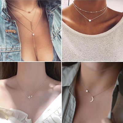 Cute Heart Moon Star Pendant Layered Chain Choker Necklace for Women Fashion Jewelry for Women - www.MyBodiArt.com #necklaces