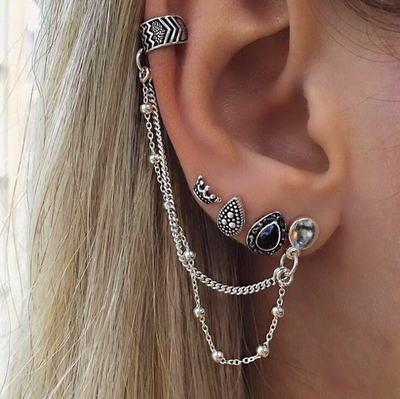 Unique Ear Piercing Ideas at MyBodiArt.com - Arrowhead Chevron Ear Cuff Earring in Antiqued Silver - Crown, Black Jewel, Tribal, Medieval Earrings Set