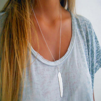 Boho Long Layering Feather Necklace Bohemian Statement Choker in Gold or Silver - www.MyBodiArt.com