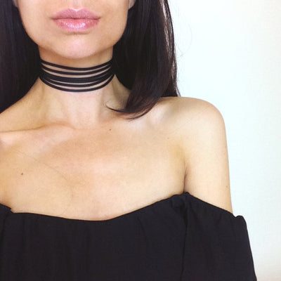 Womens Cute Black Party Date Club Outfit Ideas - Off the Shoulder Top -  Chloe Ribbed Choker Necklace at MyBodiArt.com