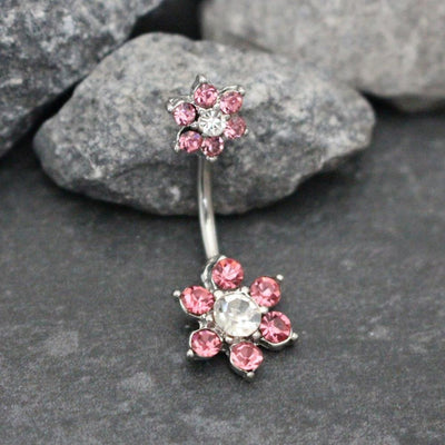 Fleura Crystal Flower Belly Button Ring Stud 14G Clear and Pink at MyBodiArt.com