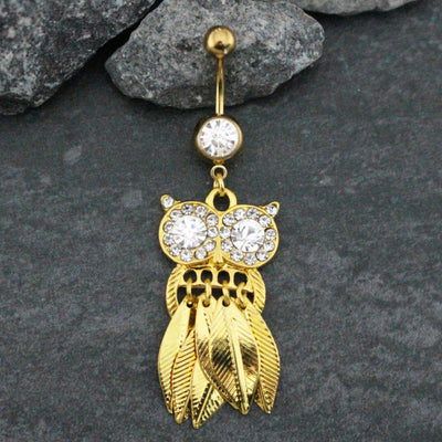 Screech Owl Crystal Gold Belly Button Ring at MyBodiArt.com