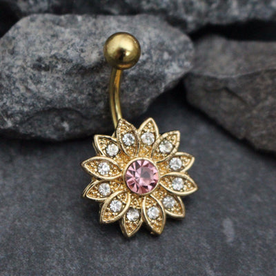 Petal Flower Gold Belly Button Ring Stud with Clear & Pink Crystals 16G at MyBodiArt.com