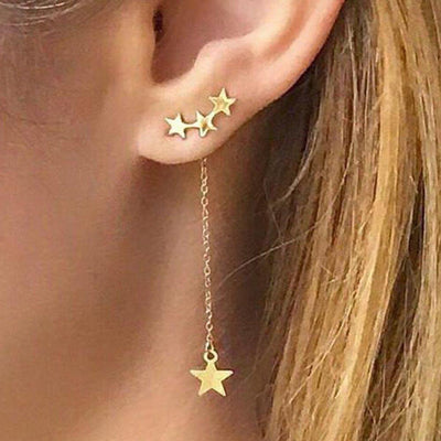 Cute Ear Piercing Ideas for Women - Unique Star Ear Climber Crawler Dangle Earrings in Gold -  pendientes de estrella - www.MyBodiArt.com 