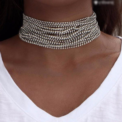 Pleuvoir Crystal Layered Chain Choker Statement Necklace in Silver or Gold at MyBodiArt.com
